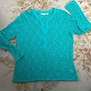Mermaid, teal green cotton lace stretch Henley top by Susan Graver size large